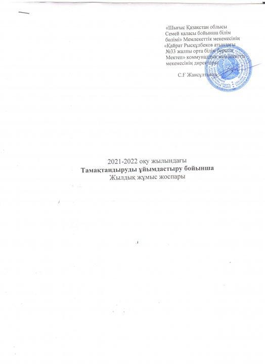 Тамақтандыруды ұйымдастыру бойынша жылдық жоспар 2021-2022 оқу жылы