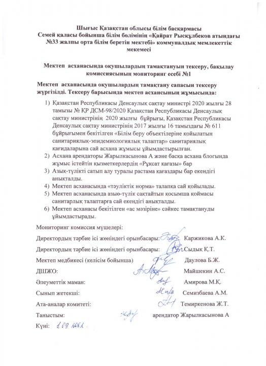 Мектеп  асханасында оқушылардың тамақтануын тексеру, бақылау комиссиясының мониторинг есебі №1